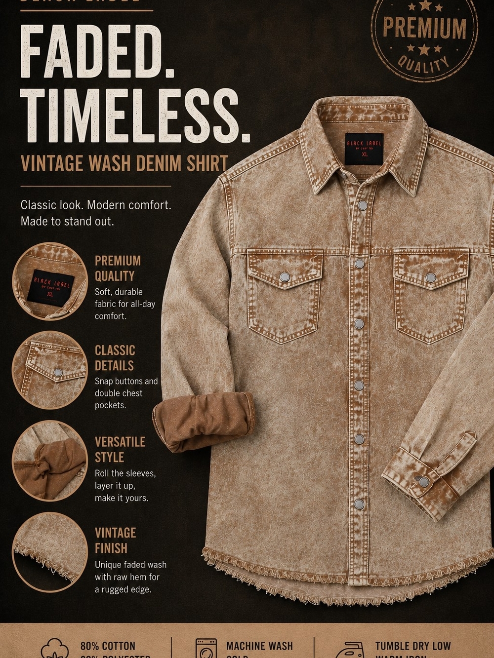 Black Label Vintage Wash Denim Shirt - Faded Brown